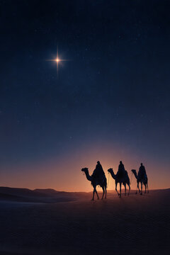 The three wise men in the desert following the star towards Bethlehem
