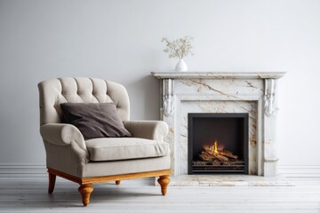 Elegant upholstered armchair positioned beside a marble fireplace with a warm fire burning inside