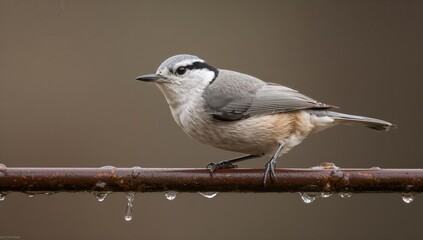 Obraz premium Eastern Rock Nuthatch Sitta Tephronota Resting On A Pipe While Drinking Water, hydration behavior
