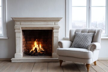 Traditional stone fireplace radiates warmth beside a comfortable upholstered armchair near bright windows