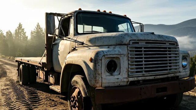 Old flatbed truck parked on a dirt road in a foggy forest mountain landscape, a breakdown concept.