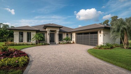 Fototapeta premium Contemporary residence featuring a garage and cobblestone driveway, showcasing modern design elements