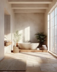 A bathroom with a white bathtub and a plant