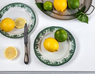 Overhead shot of yellow lemons, green limes, and decorative plates