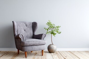 Traditional upholstered armchair rests beside a potted foliage plant against a neutral wall