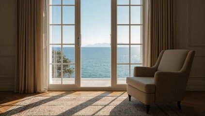 Fototapeta premium Detail of a living room with a sea view on a sunny day, promoting relaxation and tranquility