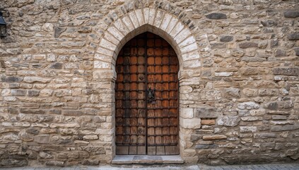 Detail of an inn entryway with medieval stone walls, showcasing architectural texture and design, travel backdrop