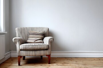 Comfortable striped armchair rests against a minimalist white wall with wooden flooring