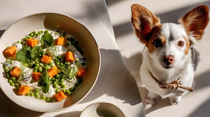 Minimalist Modern Food Presentation with Dual-Bowl Setup for Human and Canine Incorporating Scandinavian and Boho Aesthetic Elements with Colorful Sweet Potato and Herb Arrangements