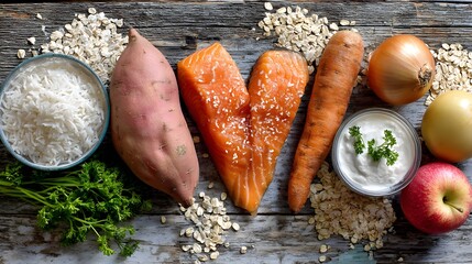 Flat Lay Arrangement of Nutritious Ingredients in Heart-Shaped Culinary Design for a Clean, Modern Cookbook Cover