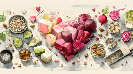 Charming Sunlit Kitchen Counter Art Featuring An Assortment of Fresh, Vibrant Ingredients Crafted into a Heart Shape, Expressing Homely Coziness and a Unique Culinary Aesthetic