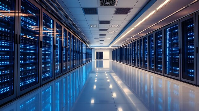 Futuristic Data Stream in Server Room with Neon Light Trails and Digital Technology.	
