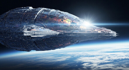 Obraz premium Spaceship Flying in Outer Space Near Earth