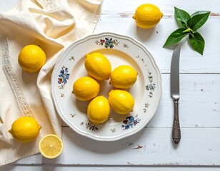 Overhead shot of yellow lemons and greenery on a white table