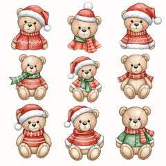 Set of Cute Christmas Teddy Bears with Santa Hats and Sweaters