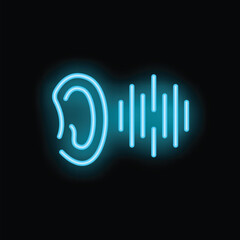 Glowing neon illustration of an ear with soundwaves entering the auditory canal