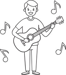 Joyful musician playing acoustic guitar surrounded by musical notes celebrating music and harmony