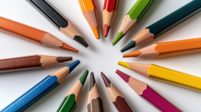 Colorful Pencils Arranged in Circular Pattern on White Surface