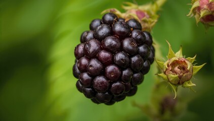 Close-up of immature blackberries against a soft green backdrop