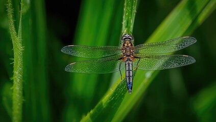 Close-up of a dragonfly resting on a vibrant leaf, showcasing the beauty of wildlife and nature