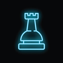 Neon blue rook chess piece glowing on a black background representing strategy and planning