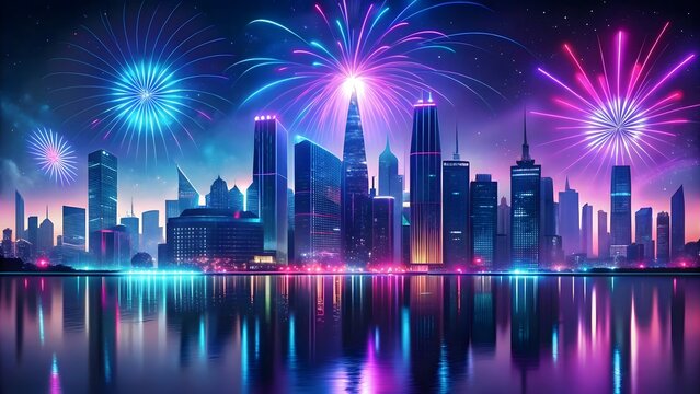 Vibrant city skyline illuminated by dazzling fireworks reflecting on water at night - Powered by Adobe
