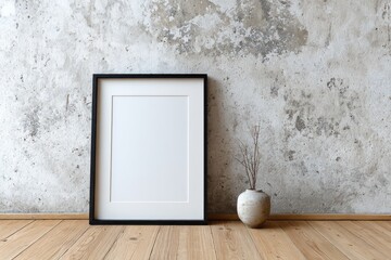 Vertical black frame with blank white mat rests against a distressed concrete wall above a wooden floor