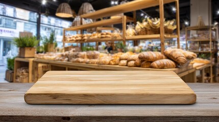 Empty wooden cutting board placed on a table in a bakery.
