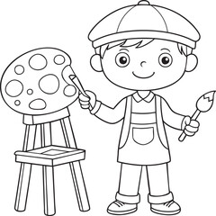 Whimsical young artist with paint palette and brushes ready to create beautiful artwork on canvas