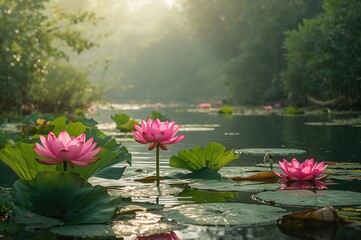 Beautiful pink lotus blooms and green leaves floating on a river, showcasing nature's elegance in spring and summer