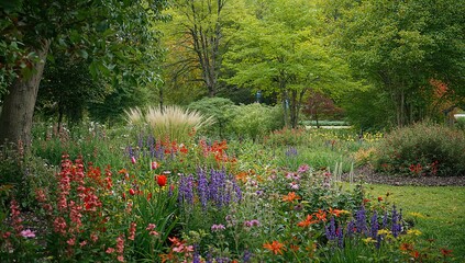 Obraz premium Amid a thriving garden, the rich hues of warm seasons burst forth, showcasing blooming flowers and leaves swaying softly in the wind, set against a backdrop of verdant trees and amber tones.