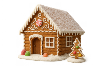 Gingerbread house celebrating christmas holiday with icing, candy, and gingerbread christmas tree on transparent background
