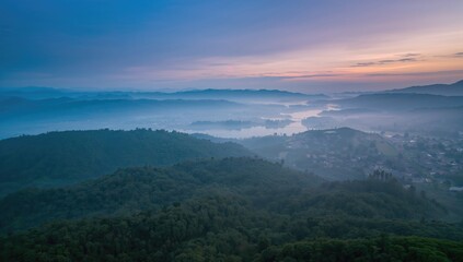 Aerial view of a highland town in Vietnam at dawn, showcasing seasonal change