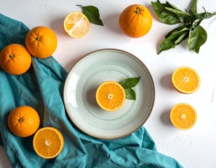 Overhead still-life of citrus fruits and leaves arranged on white surface