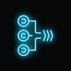 Blue neon glowing copyright symbol being transferred with arrows on a black background