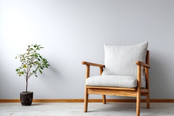 Minimalist interior setting features a wooden armchair beside a potted indoor plant
