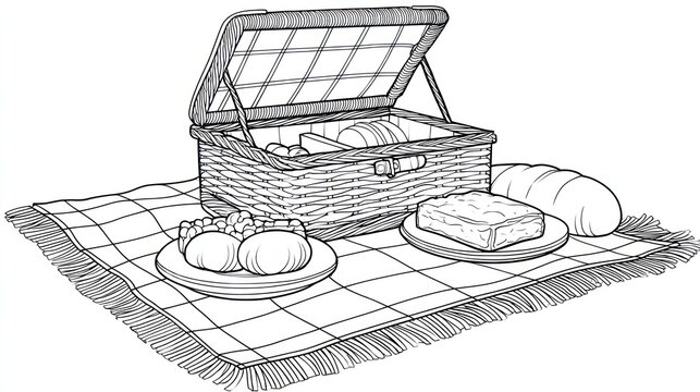 Picnic basket with food on plaid blanket illustration vector graphic - Powered by Adobe