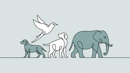 Fototapeta premium Minimalist one line drawing of various animals walking in a row. Elephant, dogs, and a bird illustration. International animal rights day concept