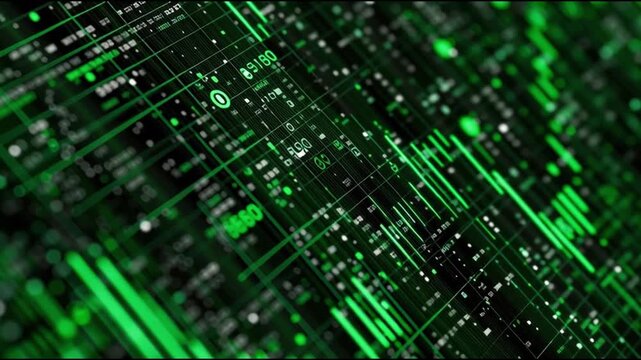 Dynamic green data visualization showcasing fluctuating graphs and digital metrics, with a gradual zoom in revealing intricate details of the information flow