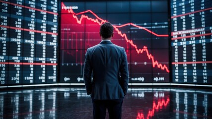 A man in a suit facing a falling stock market. The screen behind him displays a red graph