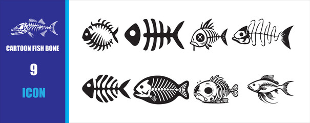 Skeleton Fish Bones Icon Set. Animal Aquatic Sea Ocean Life Cartoon Dead Shark, Fish Skeleton Silhouette Vector Illustration Eps 10