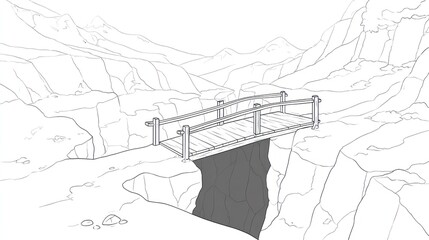 Obraz premium Wooden bridge spanning a gorge line art illustration in natural landscape