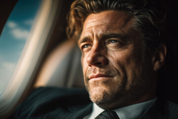 Successful Caucasian Businessman Executive Traveling Private Jet Window Contemplating Future Serious Thoughtful Expression