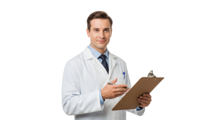 Man in lab coat holding clipboard and pen on a white background