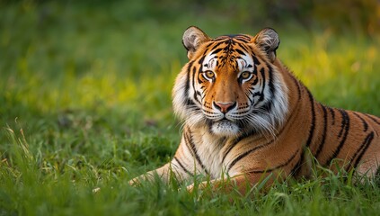 Obraz premium Majestic Bengal Tiger resting in tall grass, focus on wildlife preservation