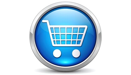 Glossy blue button with a shopping cart symbol. The cart is white. Silver edging. Reflective highlights. Isolated on a white background