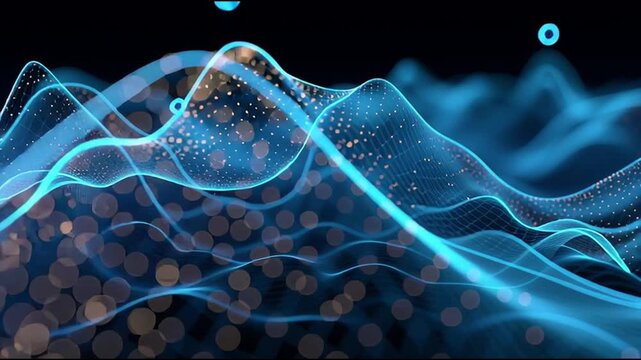Abstract blue wave patterns undulate dynamically, showcasing fluid motion and depth, with a gradual zoom in revealing intricate details and luminous particles in the scene