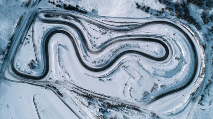 Aerial drone view of a winding snowy winter racetrack with dark tire tracks.