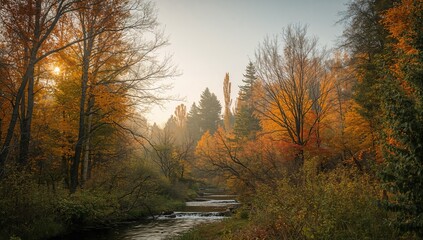 Fototapeta premium Autumn landscape with falling leaves, showcasing seasonal change