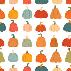 Multicolored pumpkins seamless pattern. Background with cute autumn pumpkins in row. Gourds of different varieties print for textiles, packaging, paper, design. Vector graphics